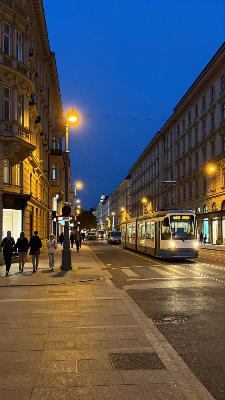 Vienna Austria Blue Hour Street Scene with Historic Architecture and Tram Reflections in in Vienna, Austria