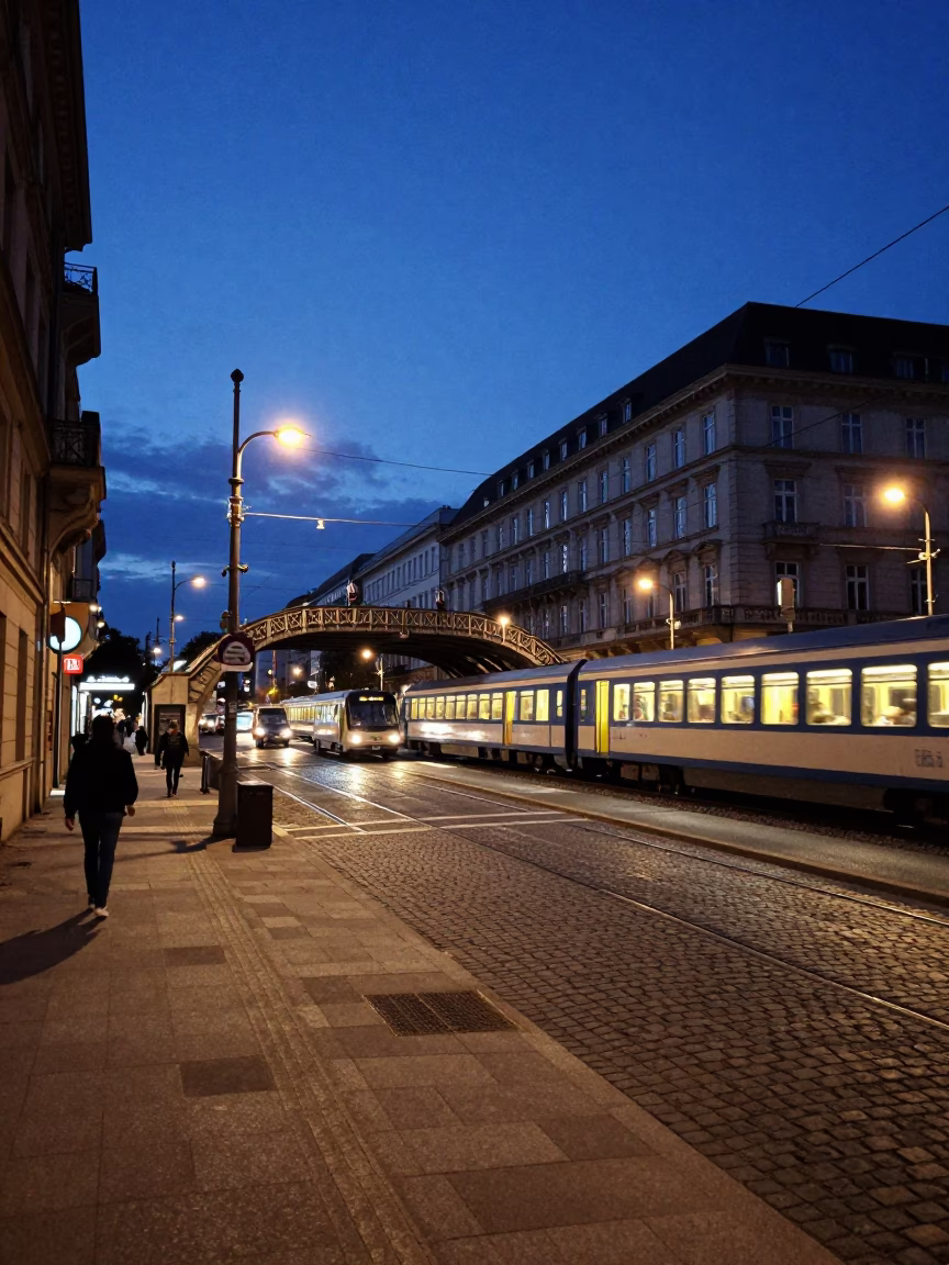 Vienna Austria Blue Hour Street Scene with Railway Viaduct and Passing Train in in Vienna, Austria