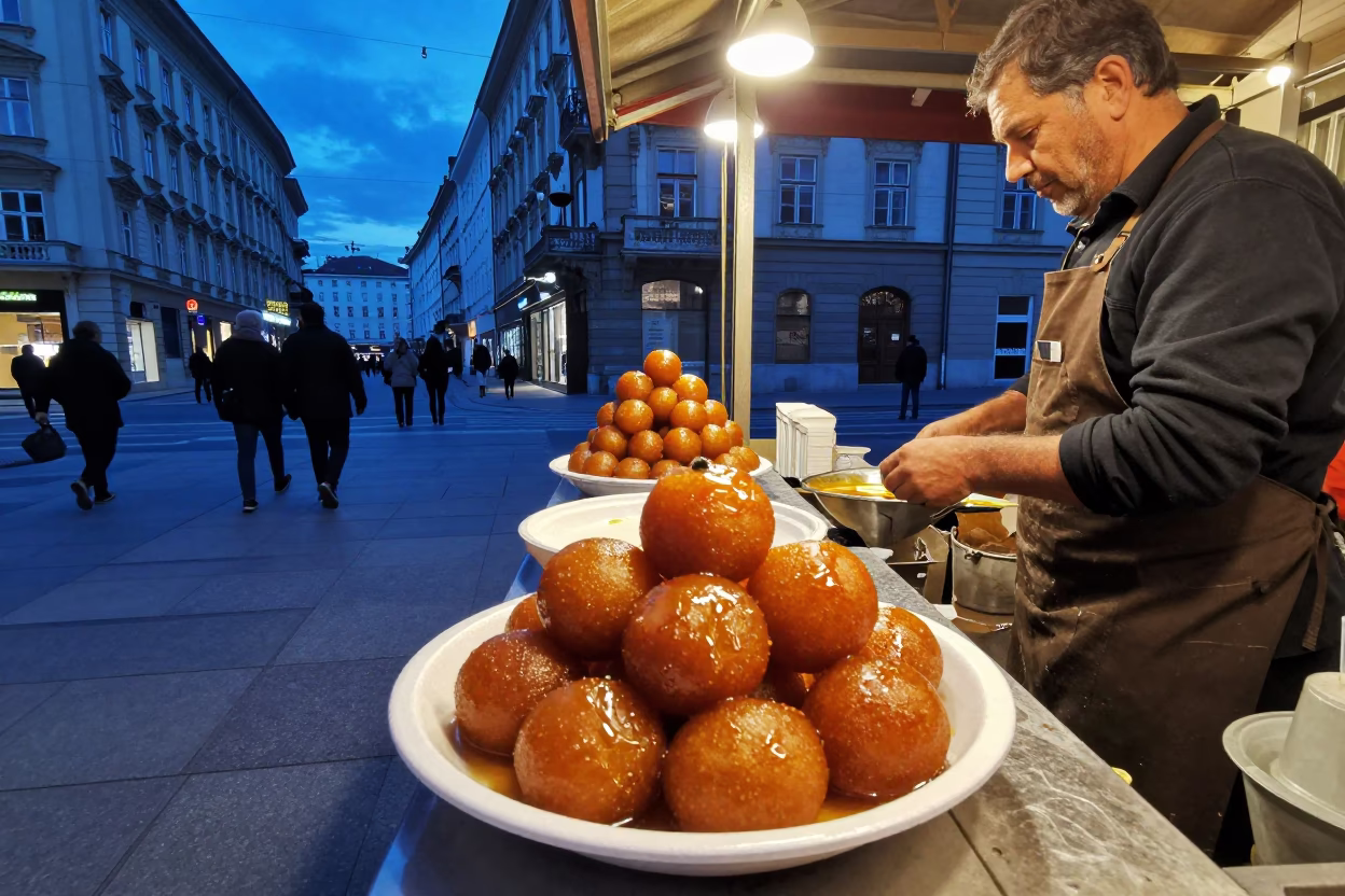 Vienna Austria Blue Hour Street Scene with Traditional Sweets and Local Atmosphere in in Vienna, Austria