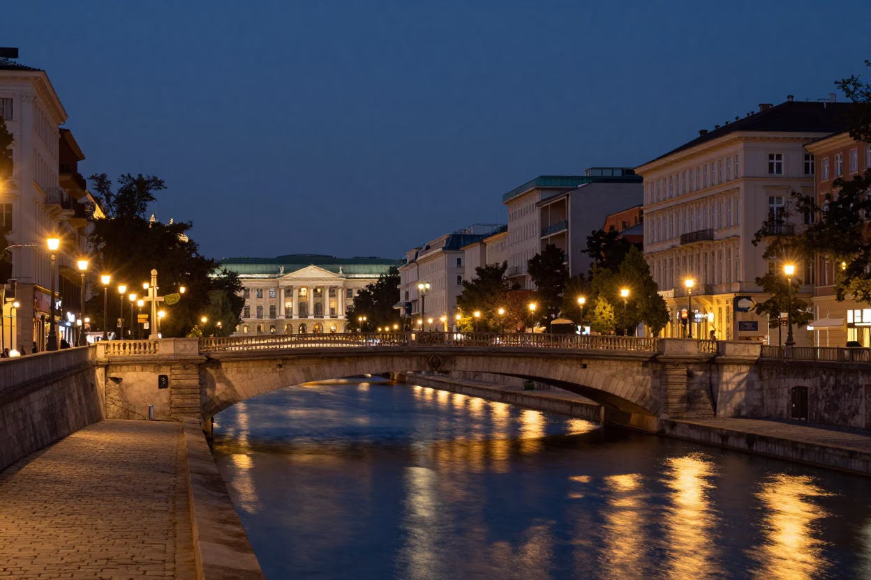 Vienna Austria City Lights Glow Over Historic Bridge and Canal Scene in in Vienna, Austria