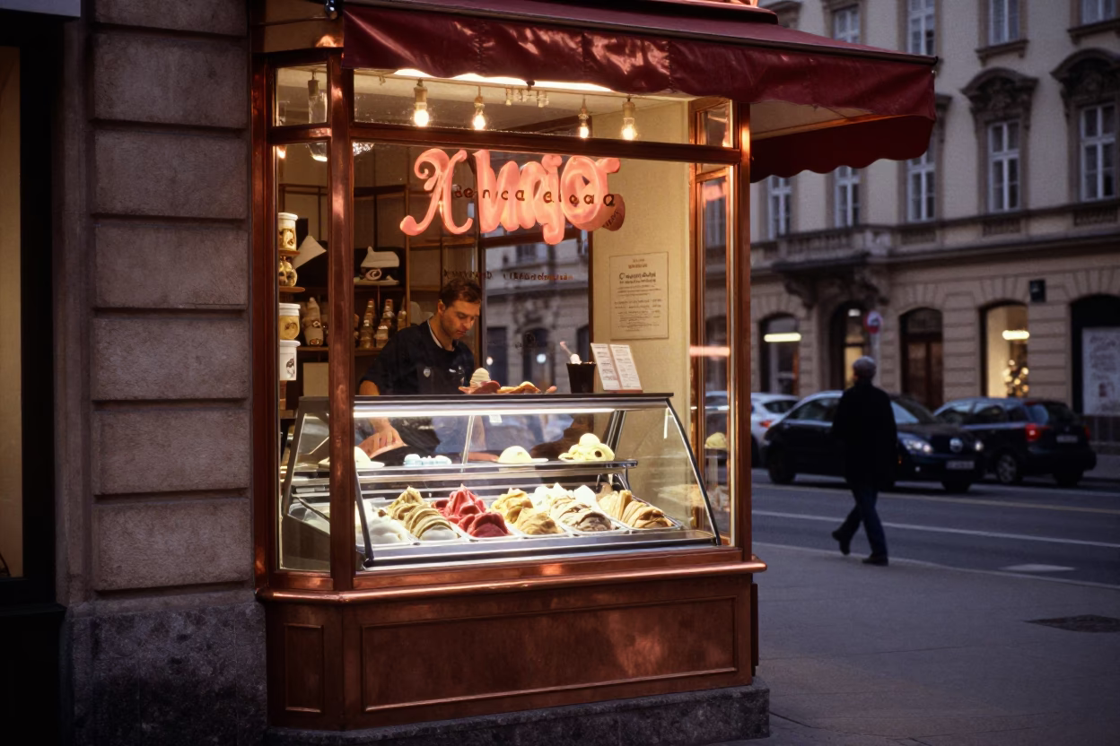 Vienna Austria Copper Dusk Street Scene with Gelato Display and Classic Tram in in Vienna, Austria