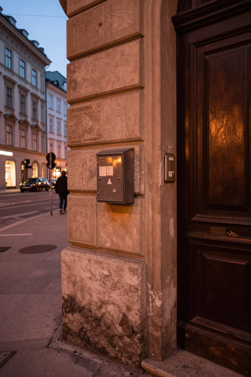 Vienna Austria Copper Dusk Street Scene with Lockbox and Historic Architecture in in Vienna, Austria