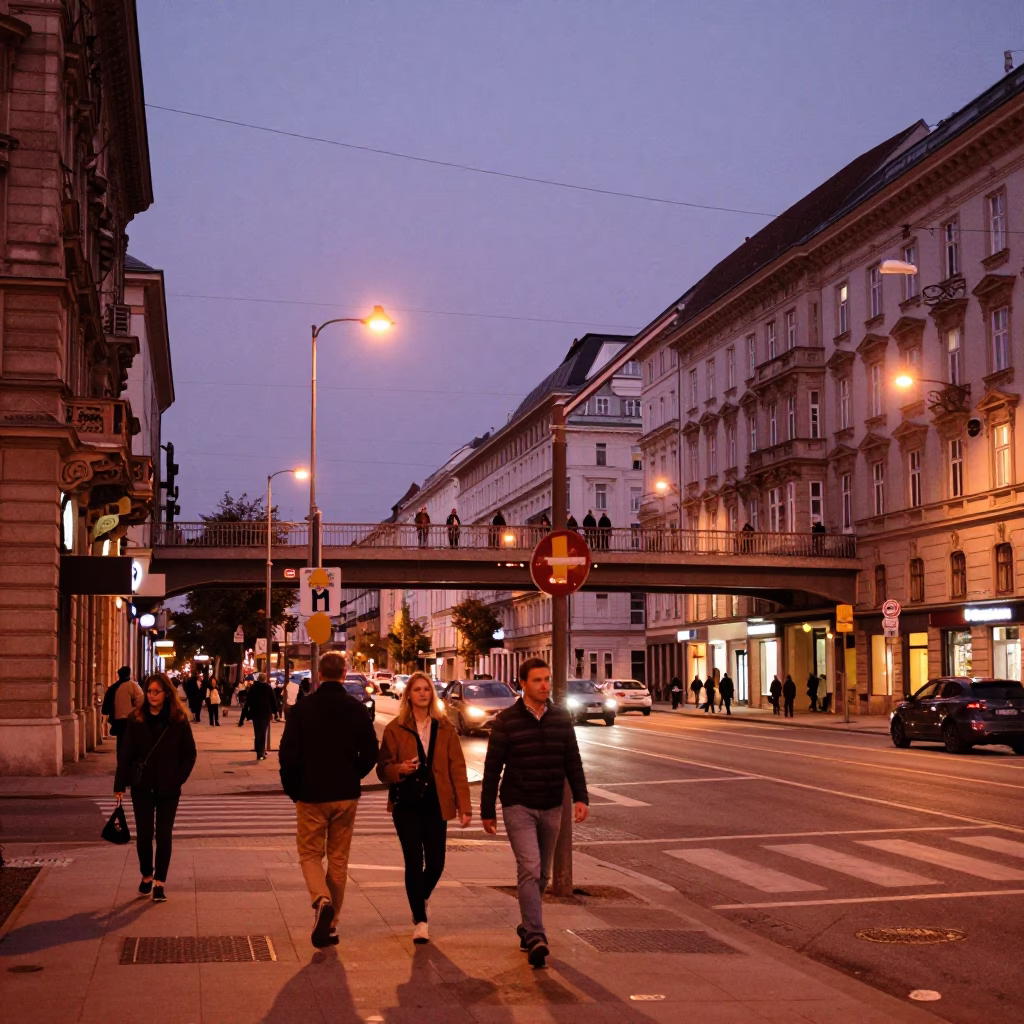 Vienna Austria copper dusk street scene with overpass and local pedestrians in in Vienna, Austria