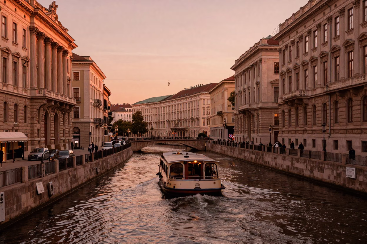 Vienna Austria Copper Dusk Street Scene with Water Taxi and Canal Houseboats in in Vienna, Austria