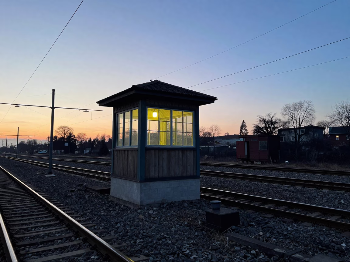 Vienna Austria Dawn Railway Signal Cabin Beside Switch Tracks With Icicles in in Vienna, Austria