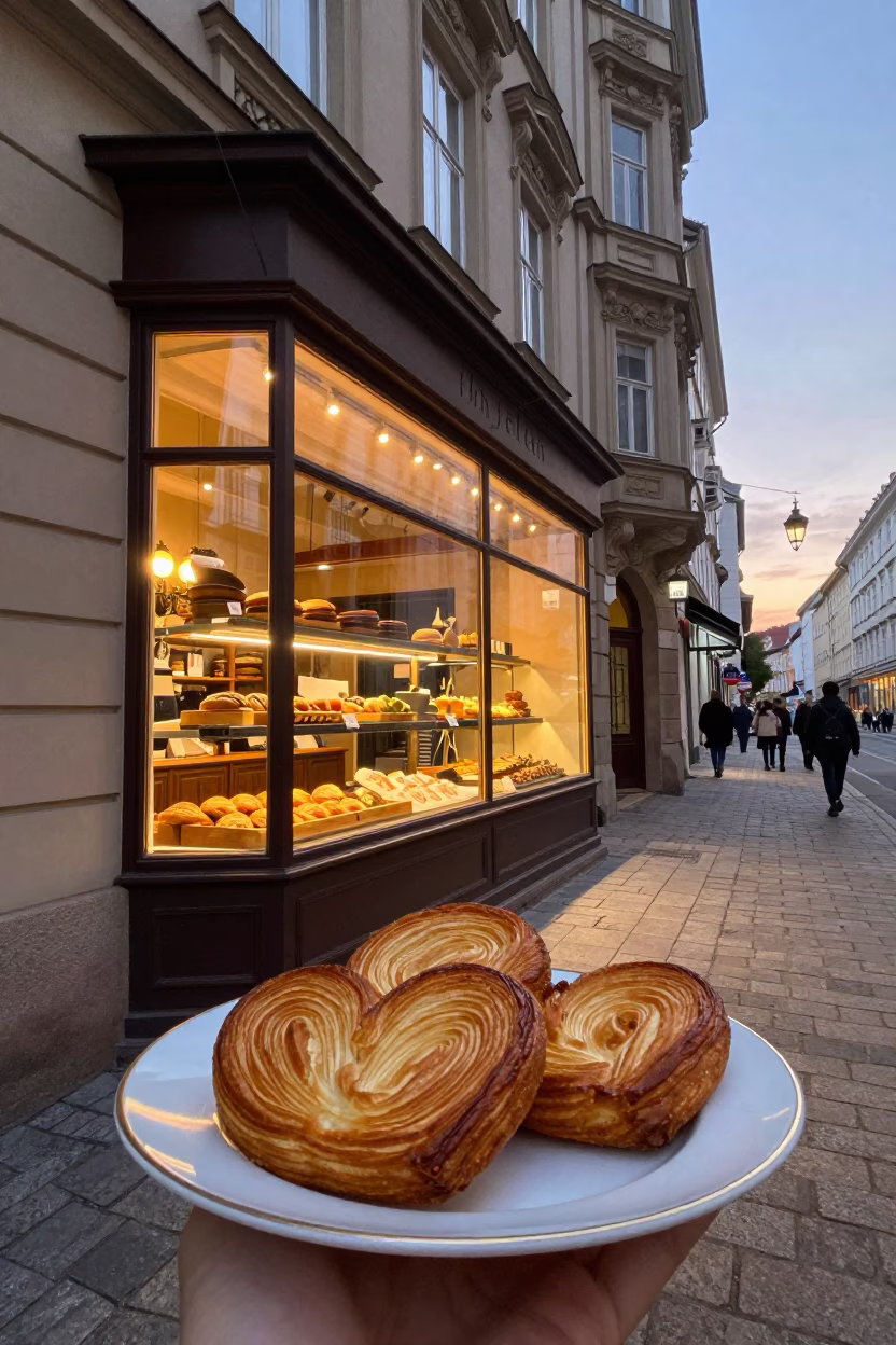 Vienna Austria Dawn Street Scene with Bakery Display and Early Morning Light in in Vienna, Austria