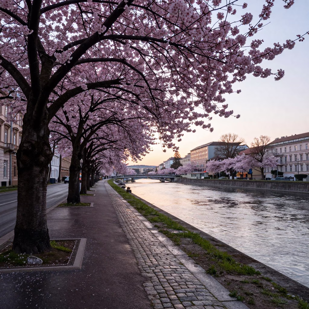 Vienna Austria Dawn Street Scene with Cherry Trees Along Canal and Early Morning Pedestrians in in Vienna, Austria