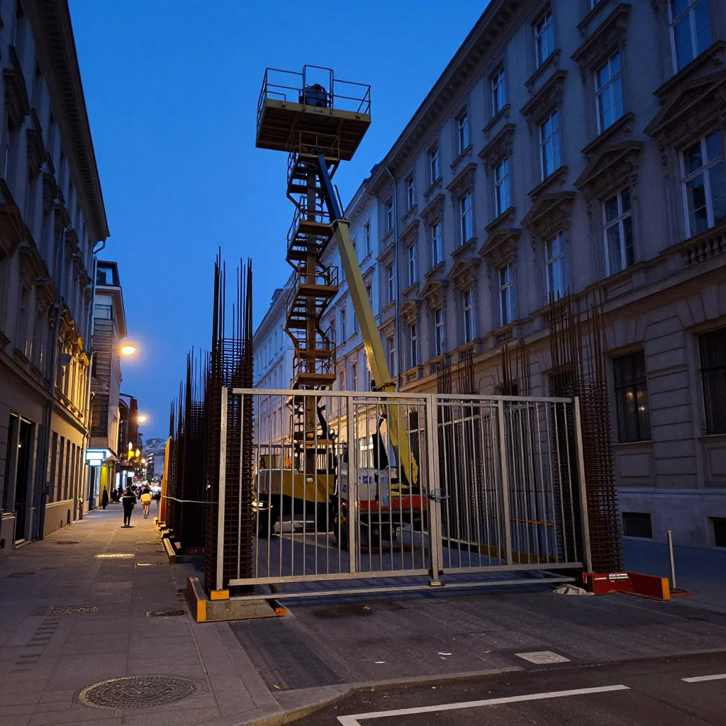 Vienna Austria Dawn Street Scene with Construction Elevator and Rebar Bundles in in Vienna, Austria