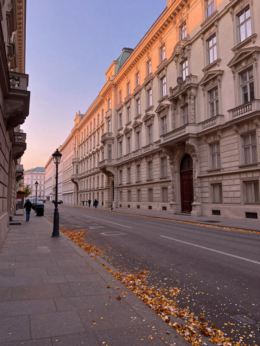 Vienna Austria Dawn Street Scene with Fallen Petals and Classic Architecture in in Vienna, Austria