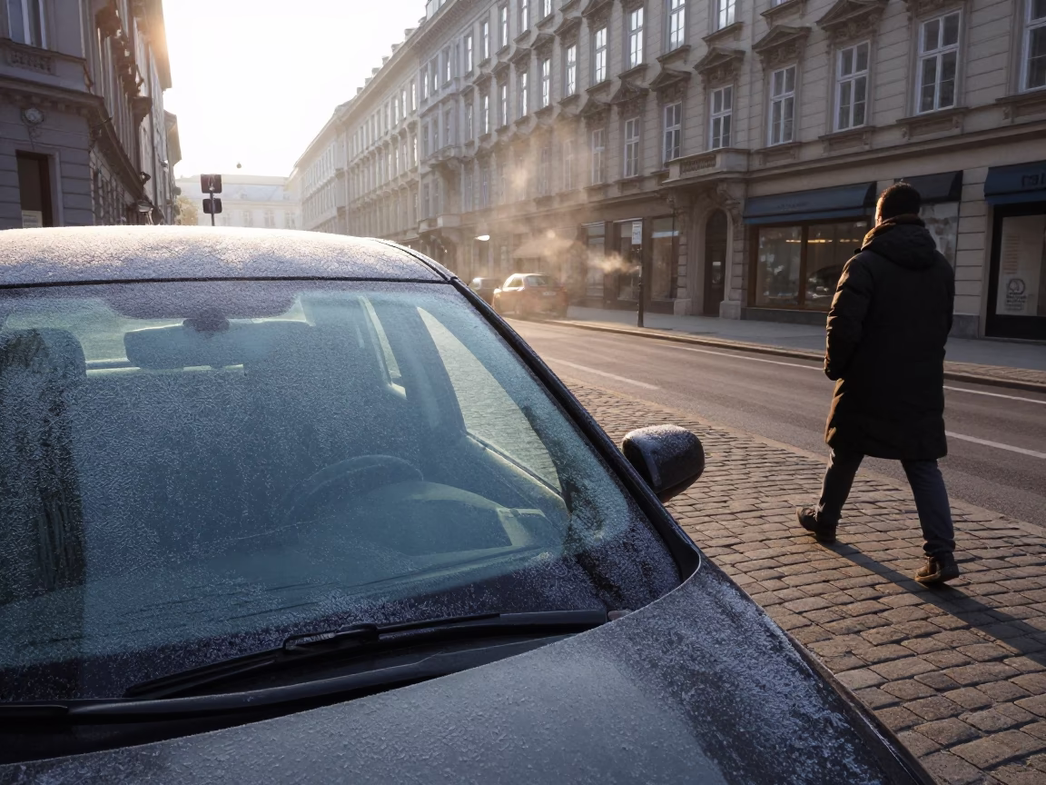 Vienna Austria Dawn Street Scene with Frosty Car Window and Local Life in in Vienna, Austria