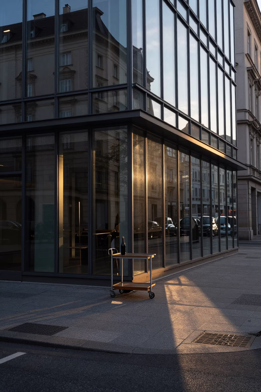 Vienna Austria Dawn Street Scene with Glass Facade and Caster Wheels in in Vienna, Austria
