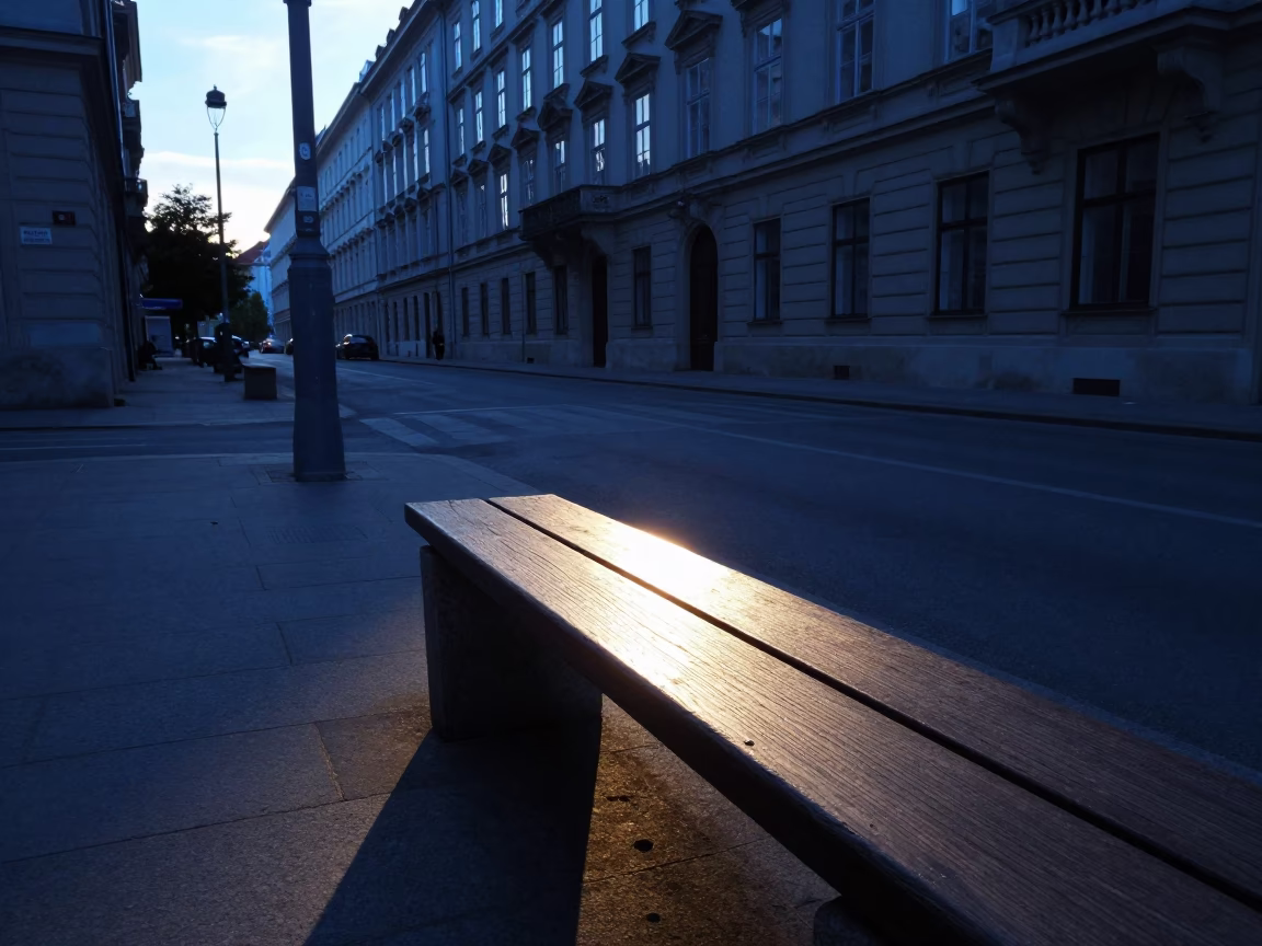 Vienna Austria Dawn Street Scene With Mineral Rings And Sunlight On Bench in in Vienna, Austria