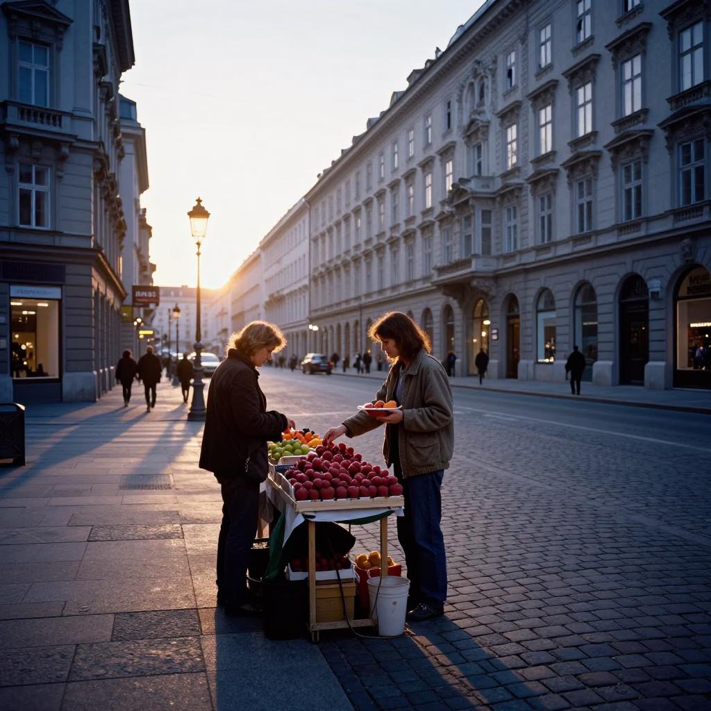 Vienna Austria Dawn Street Scene with Raspberry Stalls and Cobblestone Architecture in in Vienna, Austria
