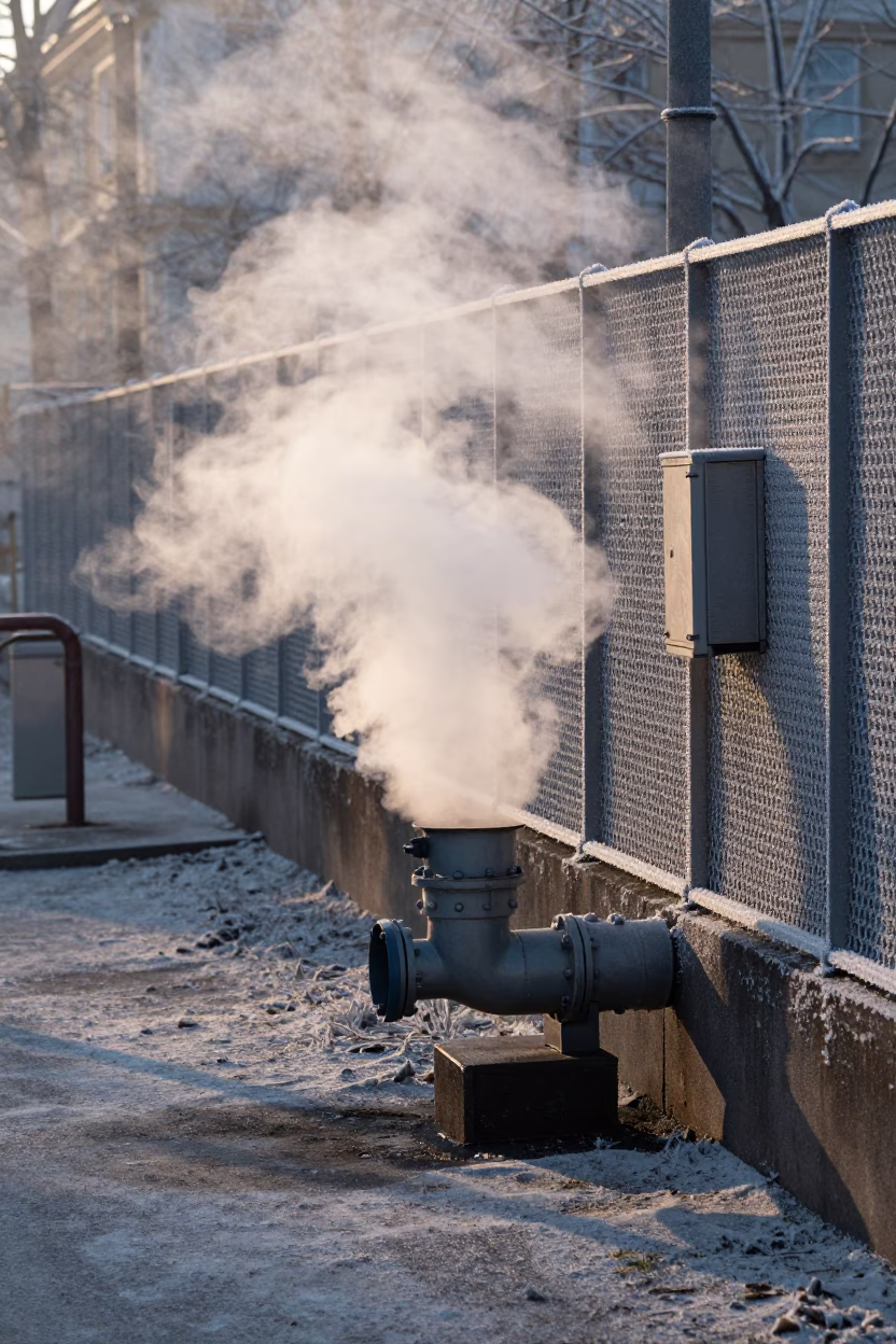 Vienna Austria District Heating Pipe Steaming Behind Frost Fencing Just After Sunrise in in Vienna, Austria