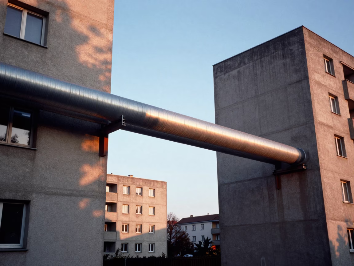 Vienna Austria District Heating Pipes Crossing Between Concrete Apartment Blocks at Sunrise in in Vienna, Austria