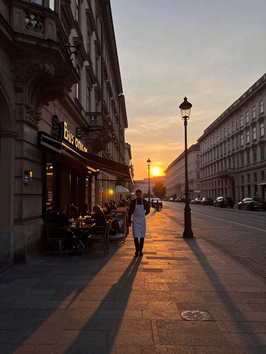 Vienna Austria Dusk Street Scene with Cutlery and Brushed Steel Stool Leg in in Vienna, Austria