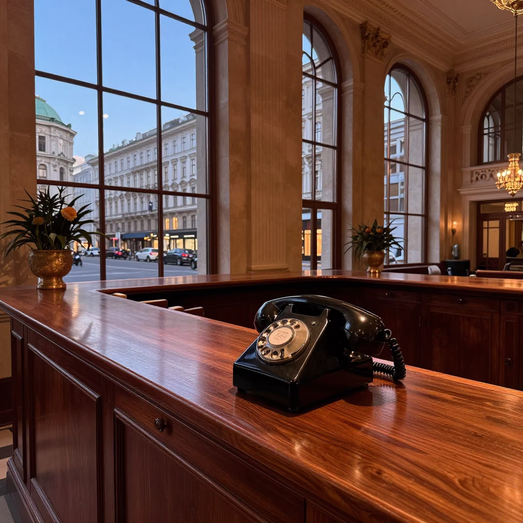 Vienna Austria Dusk Street Scene with Vintage Bakelite Telephone on Hotel Reception in in Vienna, Austria