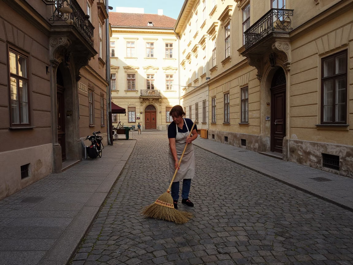 Vienna Austria Early Afternoon Street Scene with Broom and Clothespin Jar in in Vienna, Austria