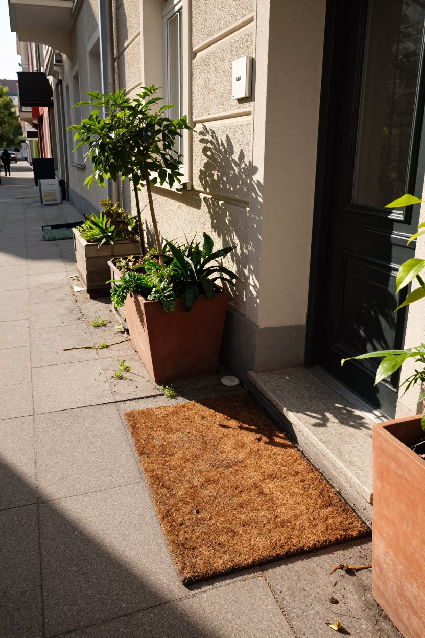 Vienna Austria early afternoon street scene with houseplants and doormat in in Vienna, Austria
