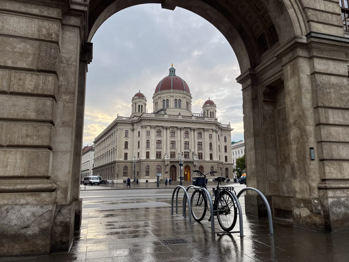 Vienna Austria Early Afternoon Street Scene with University Archway and Wet Bicycle Rack in in Vienna, Austria