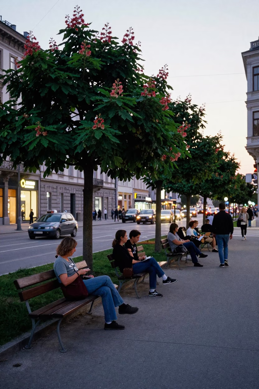 Vienna Austria Early Evening Street Scene with Chestnut Trees and Garden Benches in in Vienna, Austria