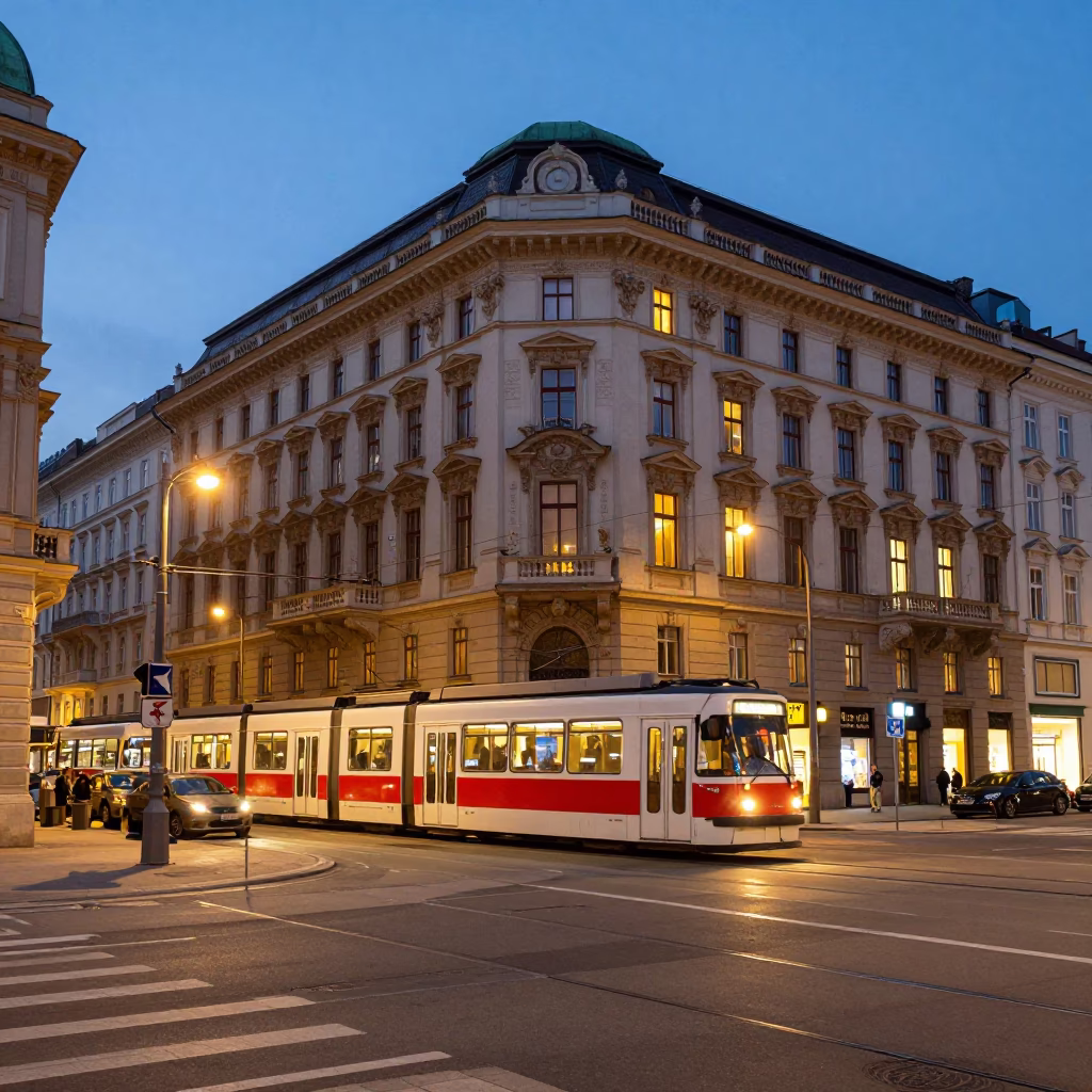 Vienna Austria early evening street scene with classic architecture and tram in in Vienna, Austria