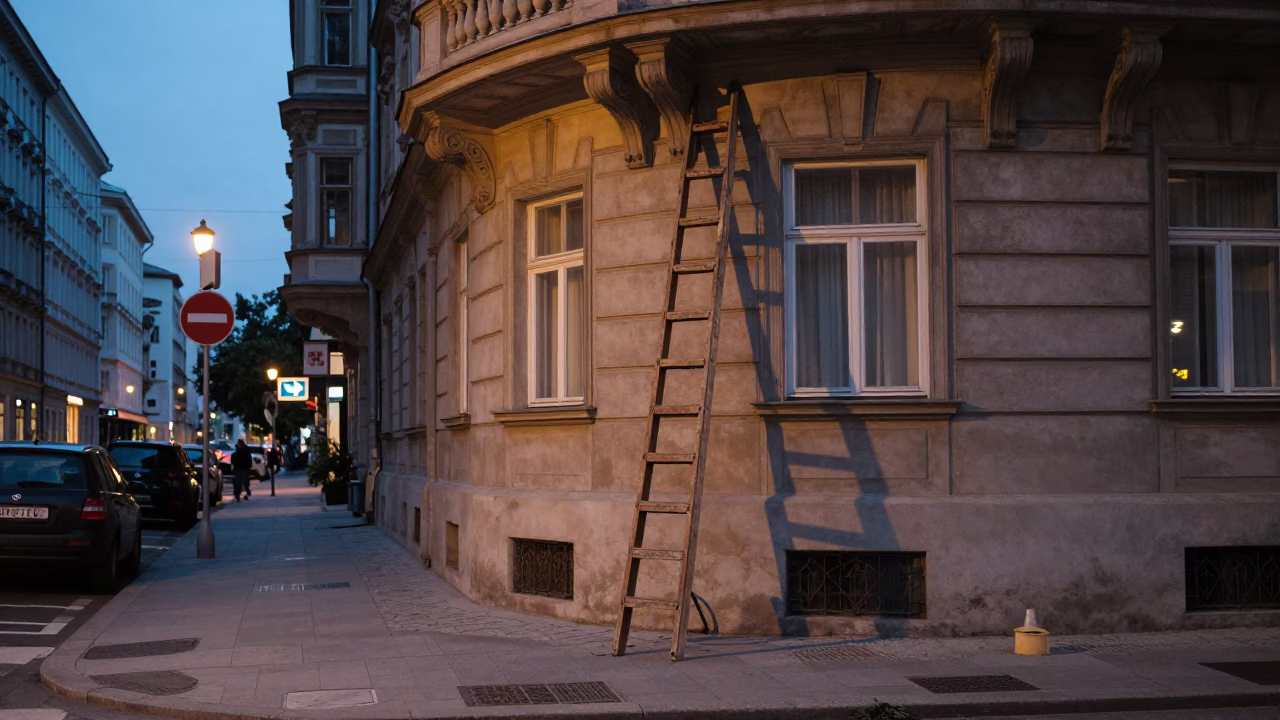 Vienna Austria Early Evening Street Scene with Wooden Ladder and Storage Tin in in Vienna, Austria
