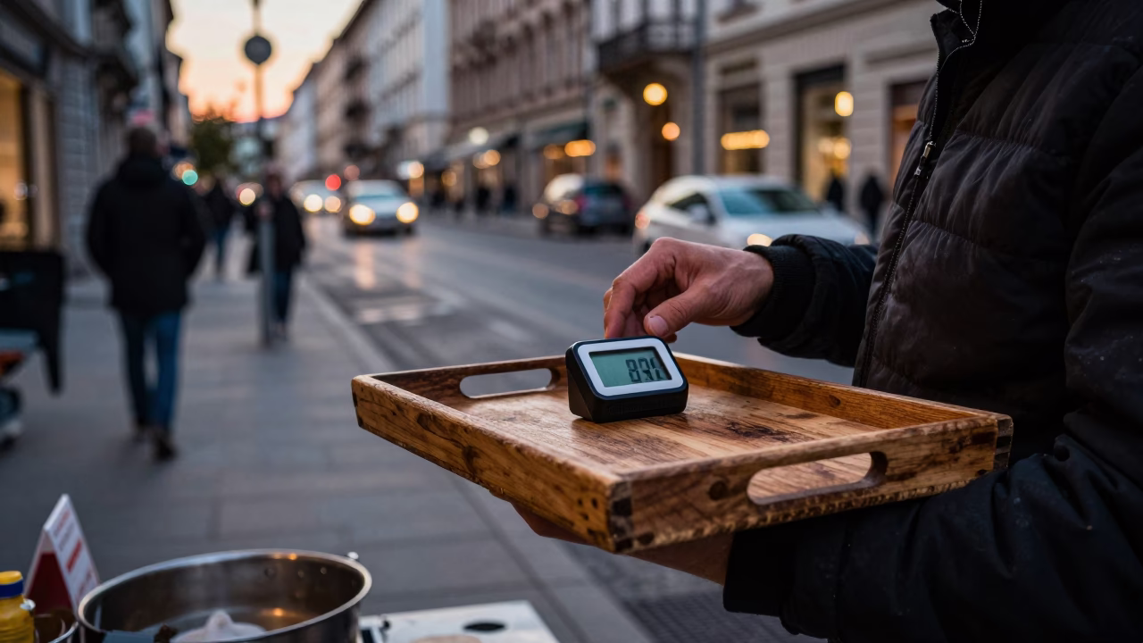 Vienna Austria Early Evening Street Scene with Wooden Tray and Kitchen Timer in in Vienna, Austria