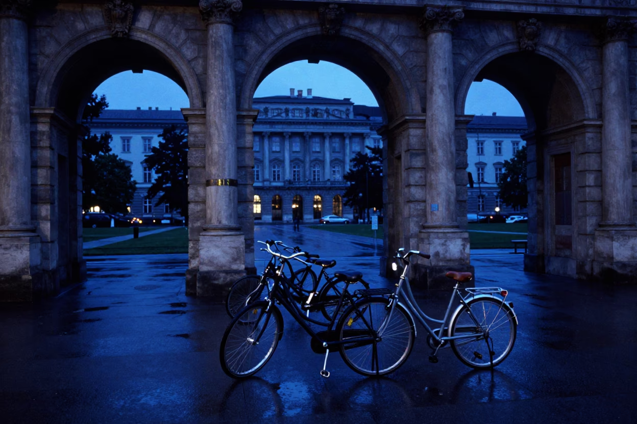 Vienna Austria Evening Blue Light University Archway Wet Bicycle Rack Street Scene in in Vienna, Austria
