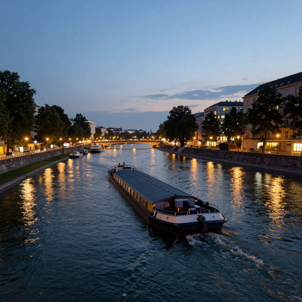 Vienna Austria evening canal scene with barge and city lights in in Vienna, Austria