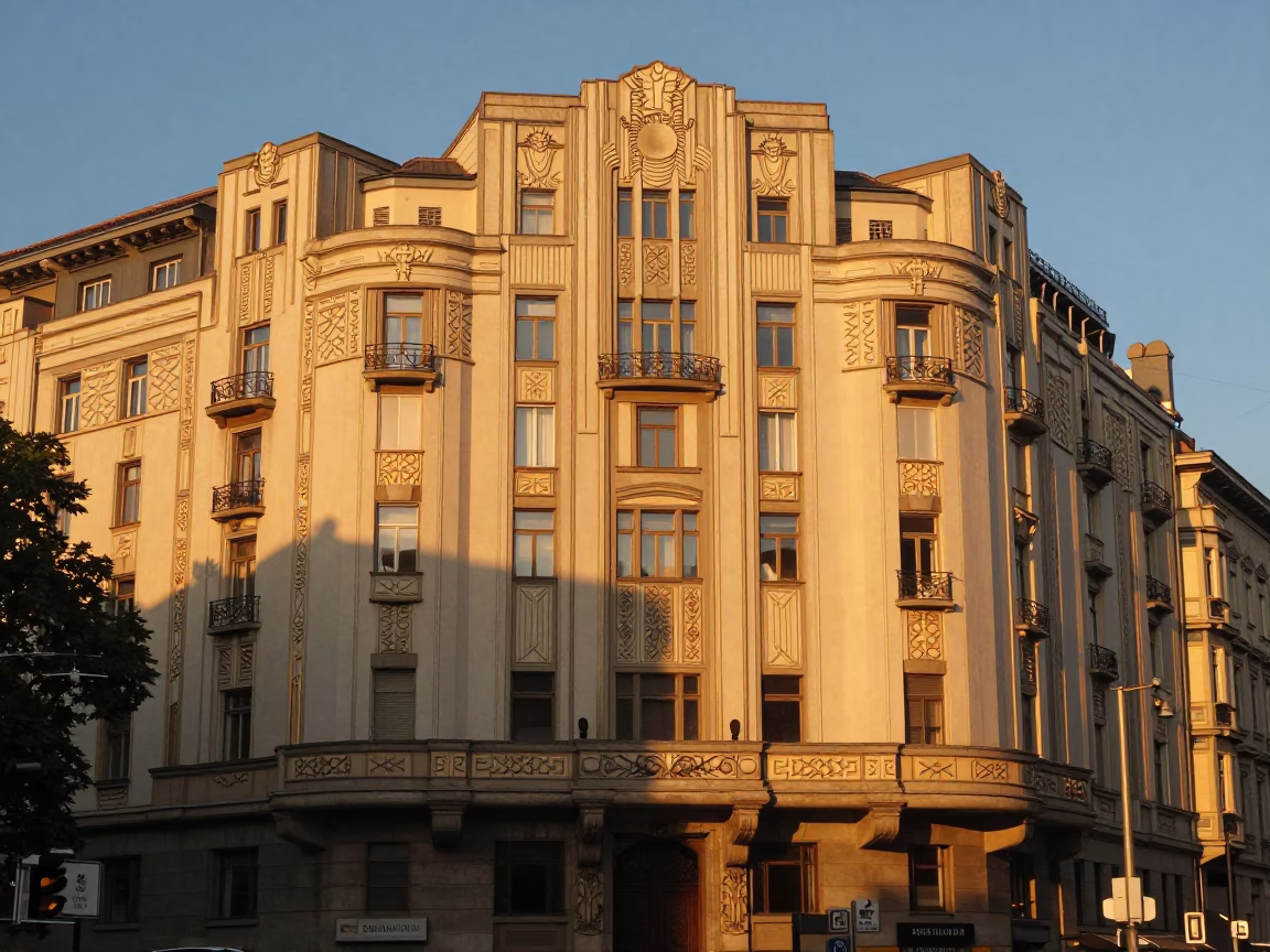 Vienna Austria Evening Light Art Deco Hotel Facade Street Scene in in Vienna, Austria