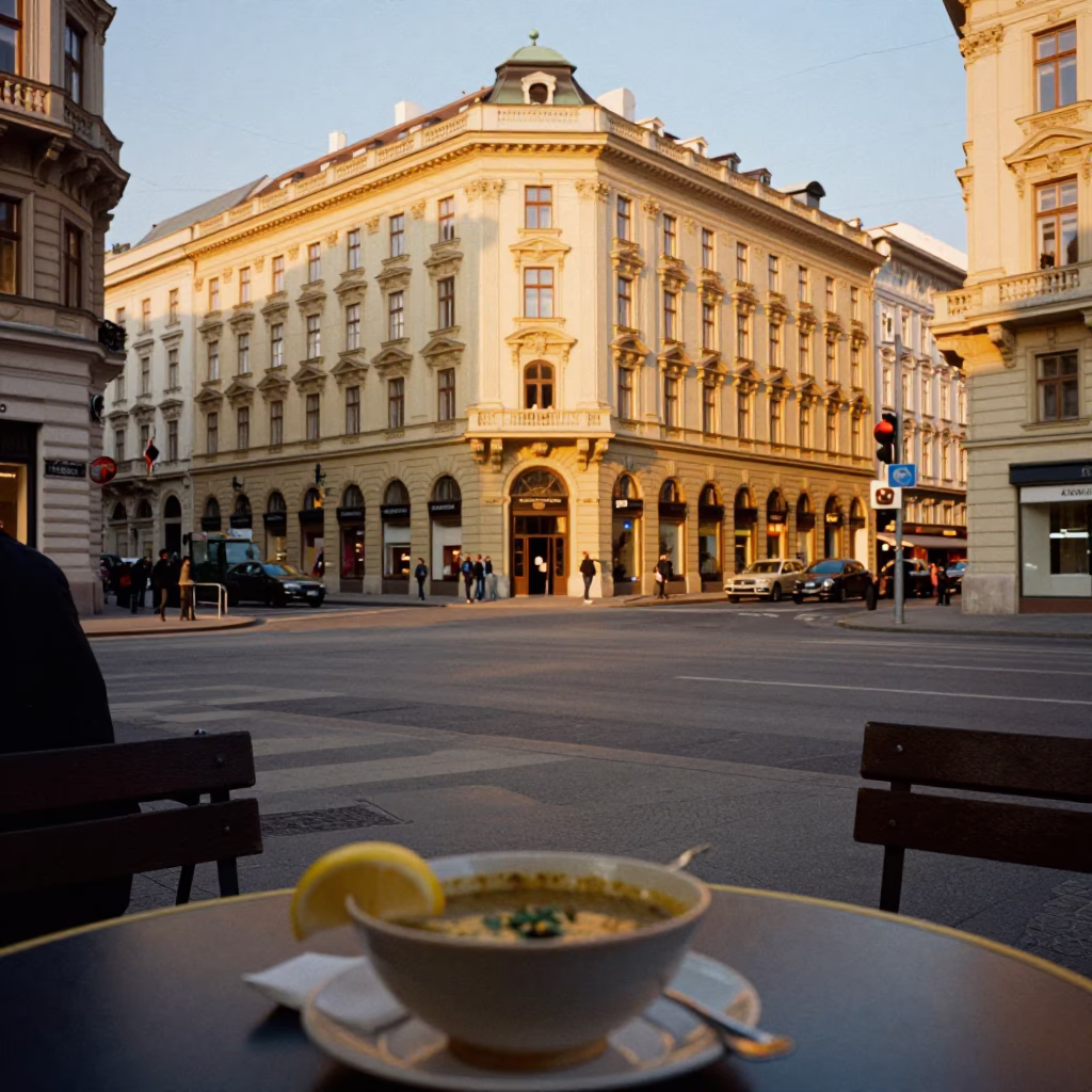 Vienna Austria Evening Light Street Scene with Local Dining Elements in in Vienna, Austria