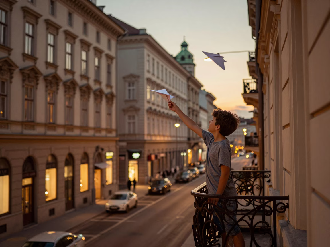 Vienna Austria Evening Street Scene Boy Flying Paper Airplane From Balcony in in Vienna, Austria