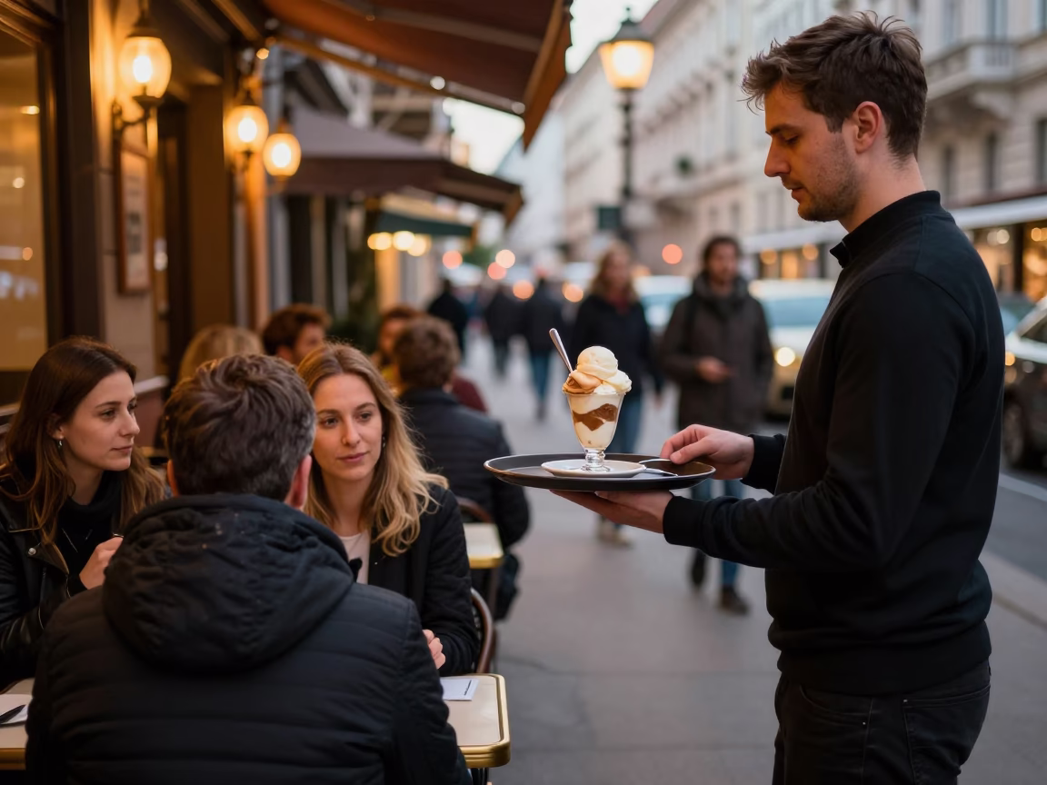 Vienna Austria Evening Street Scene with Affogato and Local Interaction in in Vienna, Austria