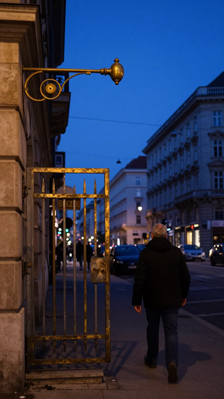 Vienna Austria Evening Street Scene with Brass Fixtures and Blue Hour Sky in in Vienna, Austria