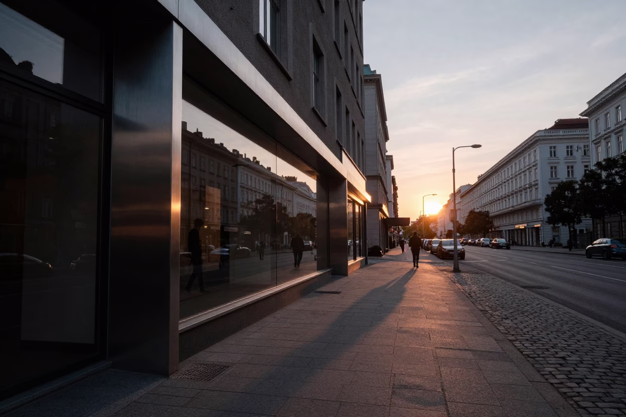 Vienna Austria Evening Street Scene with Brushed Steel Edge and Urban Details in in Vienna, Austria