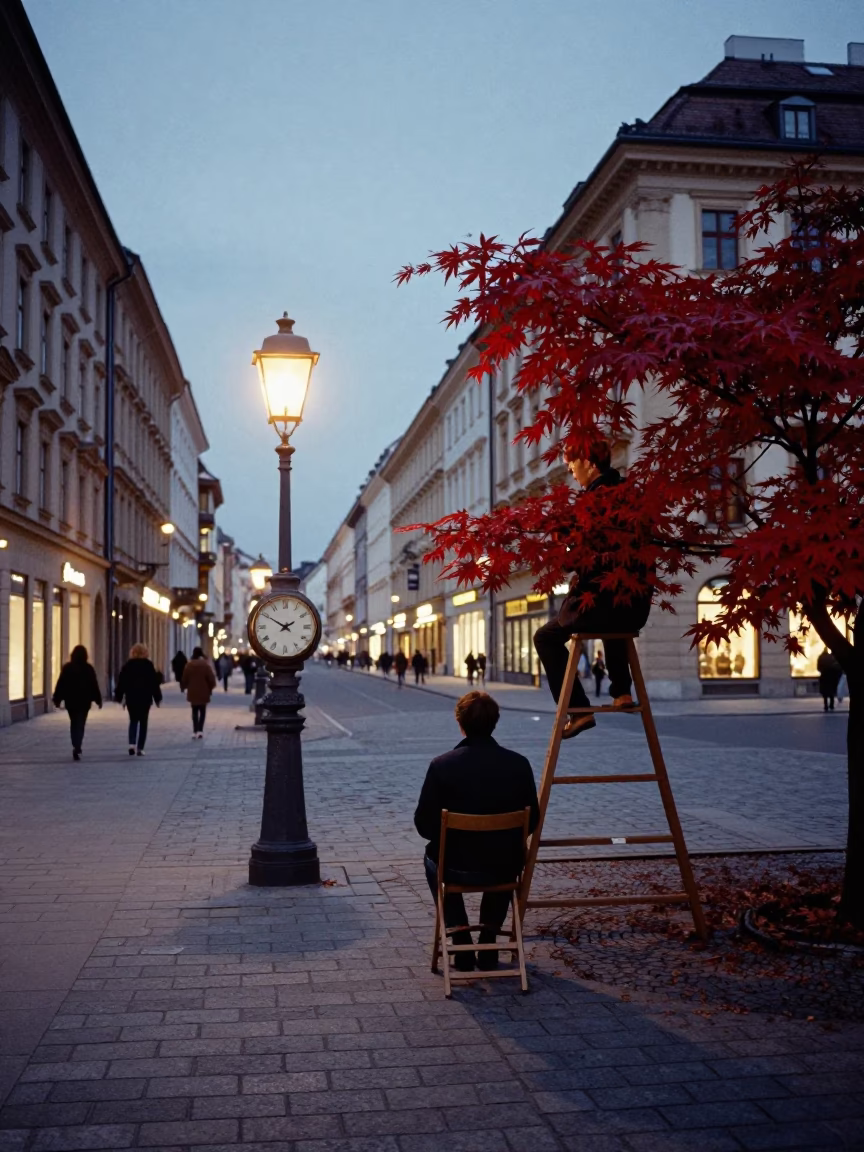 Vienna Austria Evening Street Scene with Chess Clock and Japanese Maple in in Vienna, Austria
