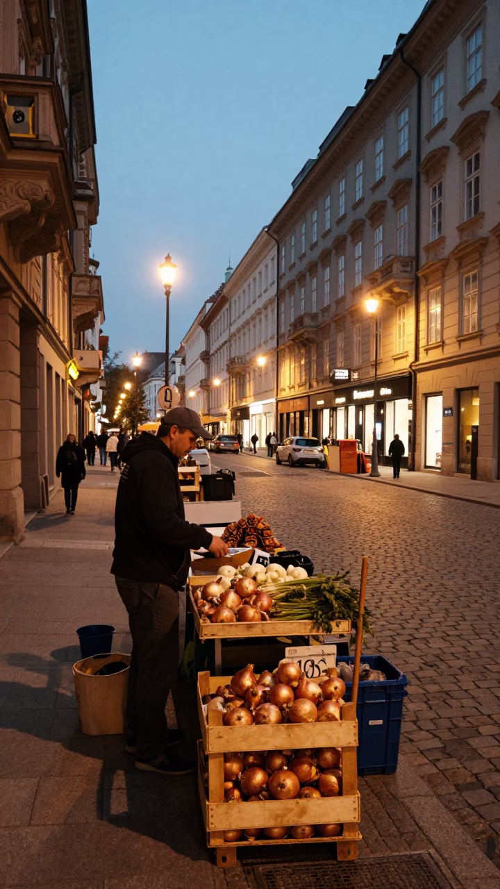 Vienna Austria Evening Street Scene with Construction Materials and Local Market Onions in in Vienna, Austria
