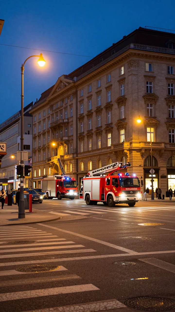 Vienna Austria Evening Street Scene with Fire Engine and Construction in in Vienna, Austria