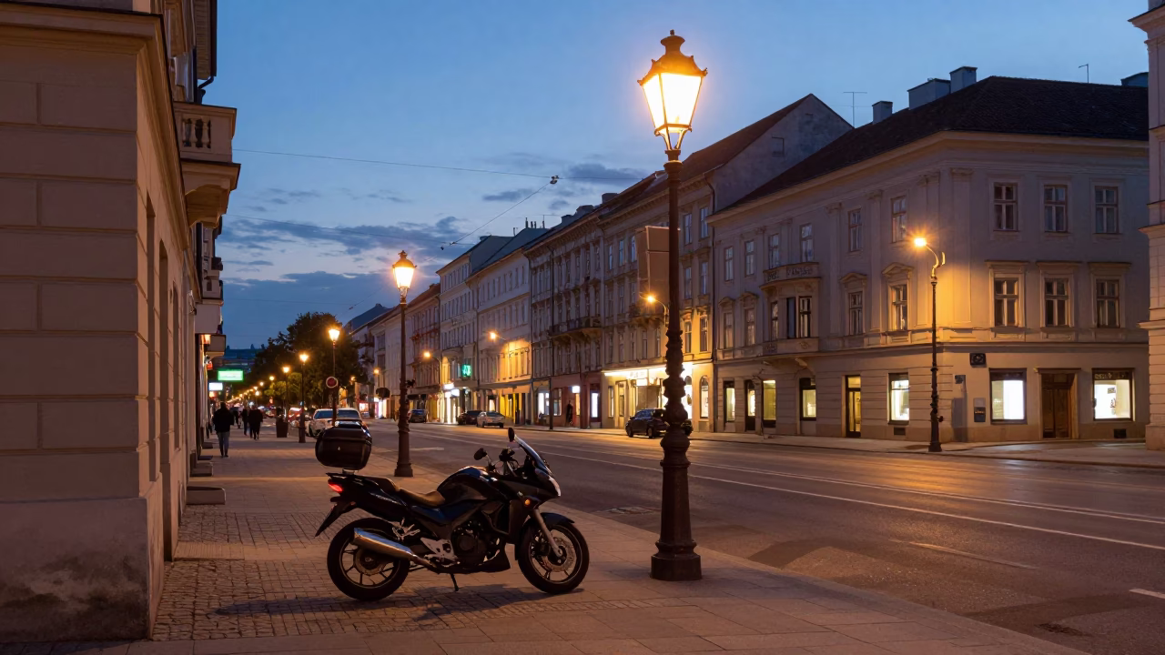 Vienna Austria Evening Street Scene with Motorcycle and City Lights Glow in in Vienna, Austria