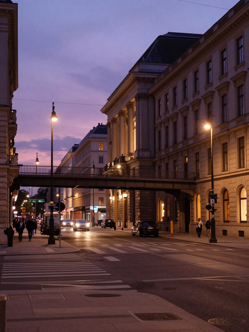 Vienna Austria Evening Street Scene with Overpass and University Arcade in in Vienna, Austria