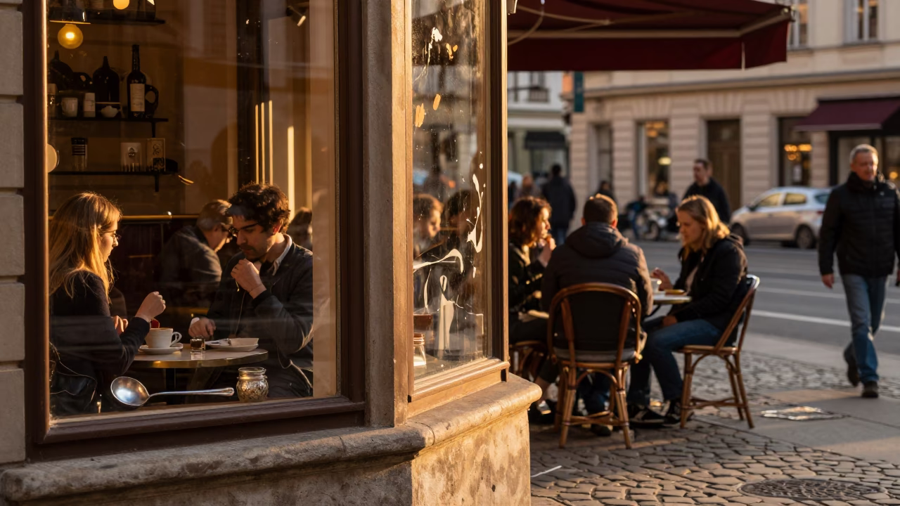 Vienna Austria Evening Street Scene with Paint Flecks on Window Glass and Ladle in in Vienna, Austria