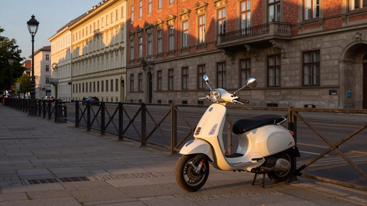Vienna Austria Evening Street Scene with Parked Scooter and Urban Architecture in in Vienna, Austria