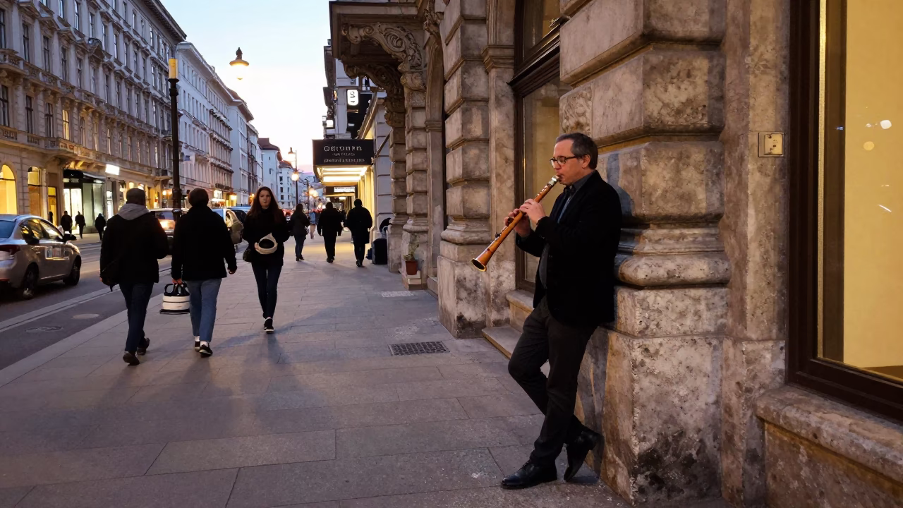 Vienna Austria Evening Street Scene with Recorder and Manti Dumplings in in Vienna, Austria