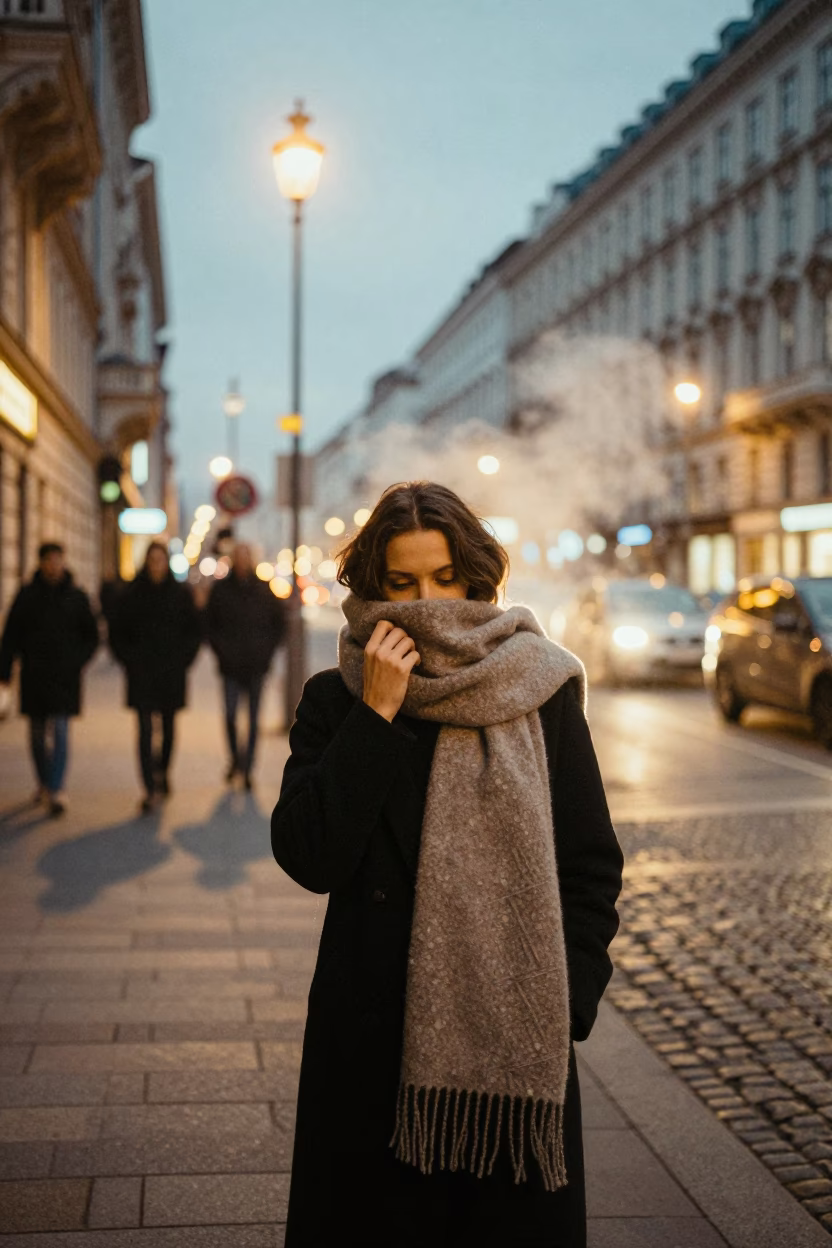 Vienna Austria Evening Street Scene with Scarf and Steam Haze at Dusk in in Vienna, Austria