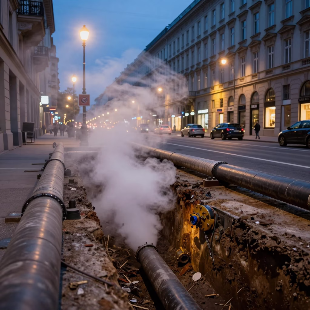 Vienna Austria Evening Street Scene with Steaming District Heating Pipes and Autumn Leaves in in Vienna, Austria