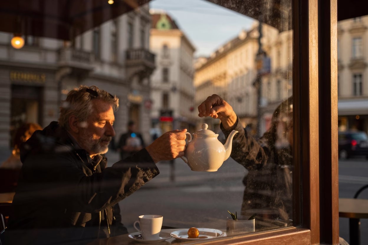 Vienna Austria Evening Street Scene with Teapot and Window Reflections in in Vienna, Austria