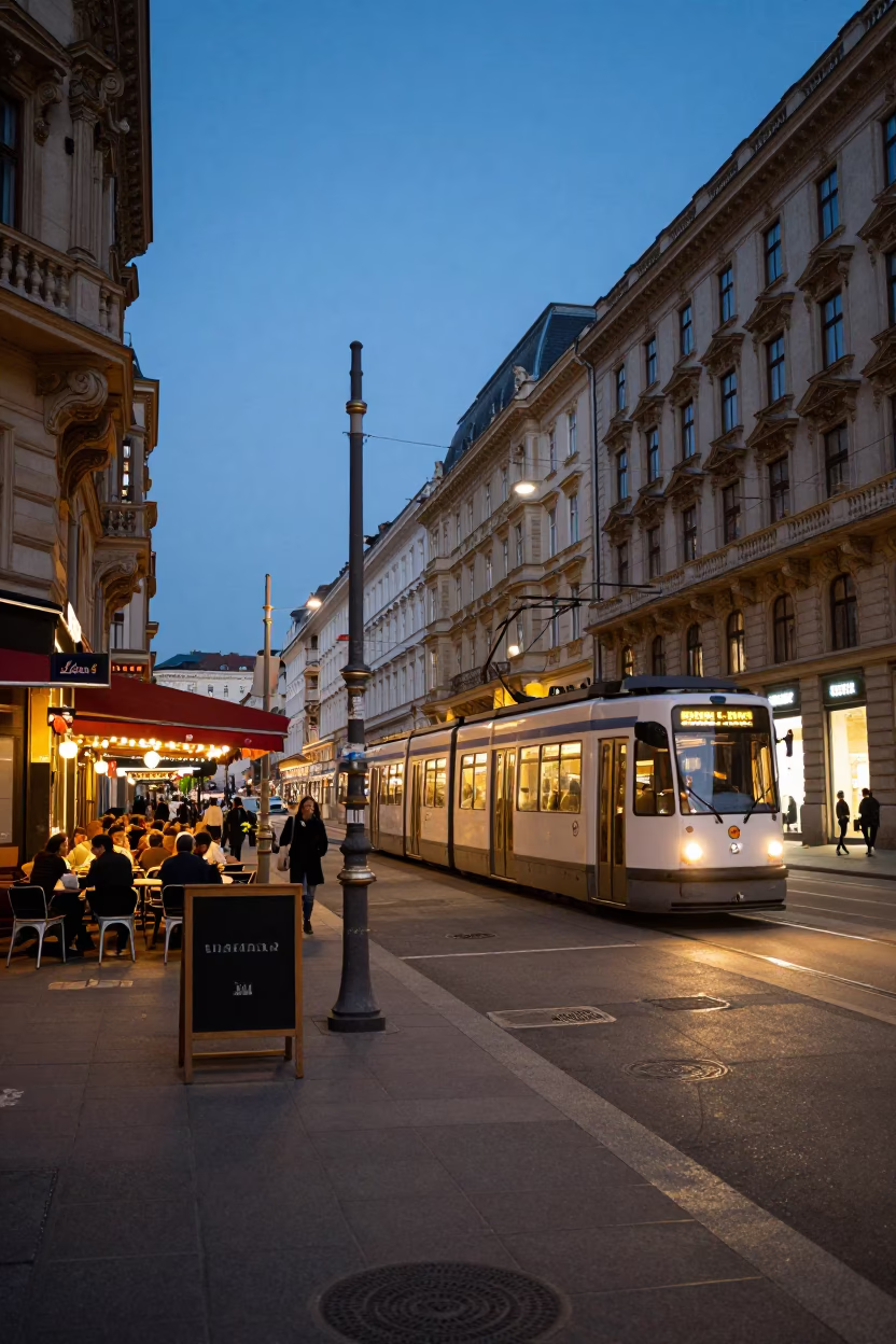 Vienna Austria Evening Street Scene with Tram and Café Culture in in Vienna, Austria