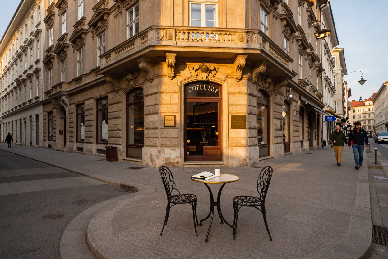 Vienna Austria Golden Hour Street Scene with Classic Cafe Table and Sketchbook in in Vienna, Austria