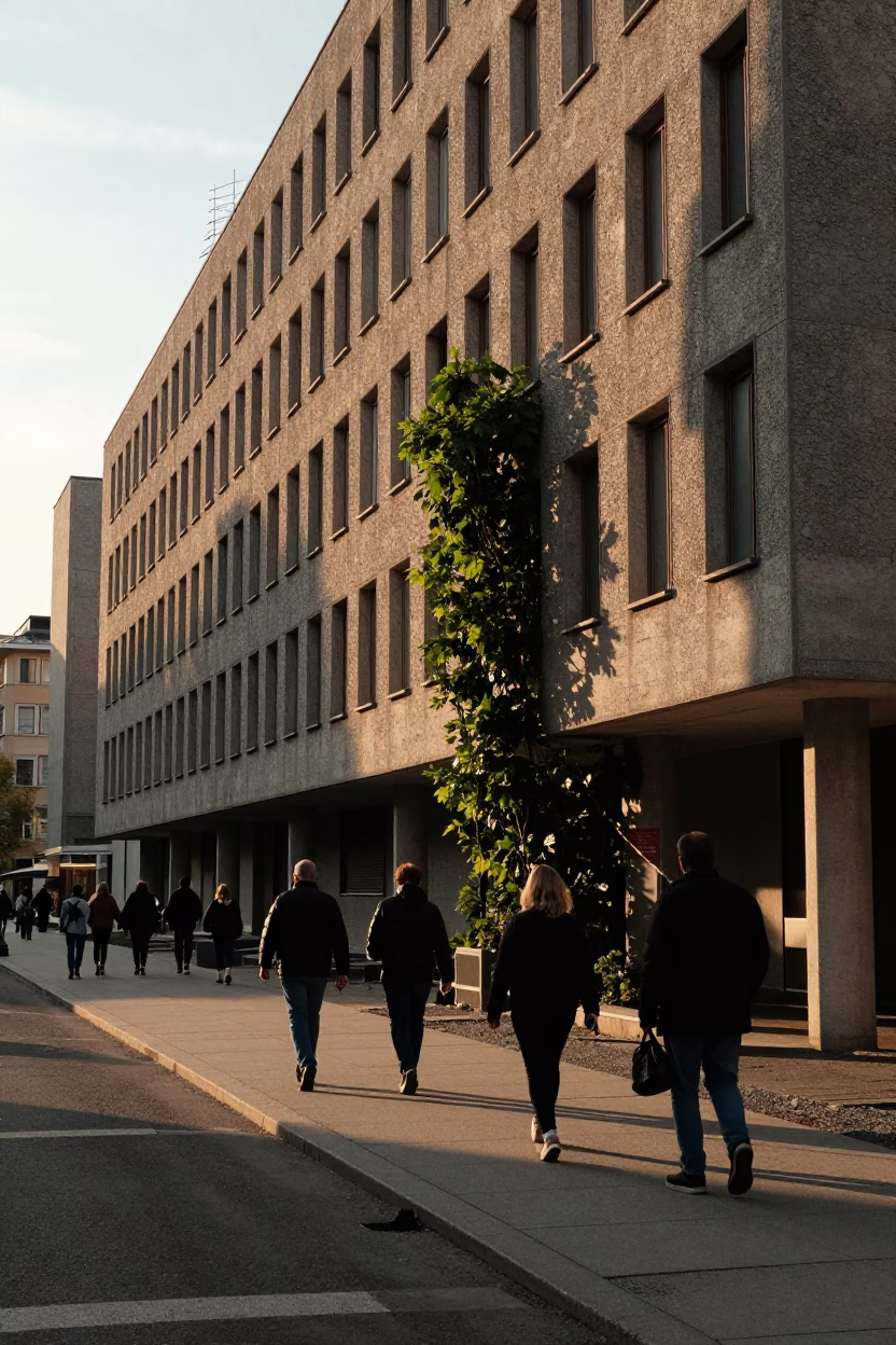 Vienna Austria Golden Hour Street Scene with Concrete Brutalist Architecture and Climbing Jasmine Trellis in in Vienna, Austria